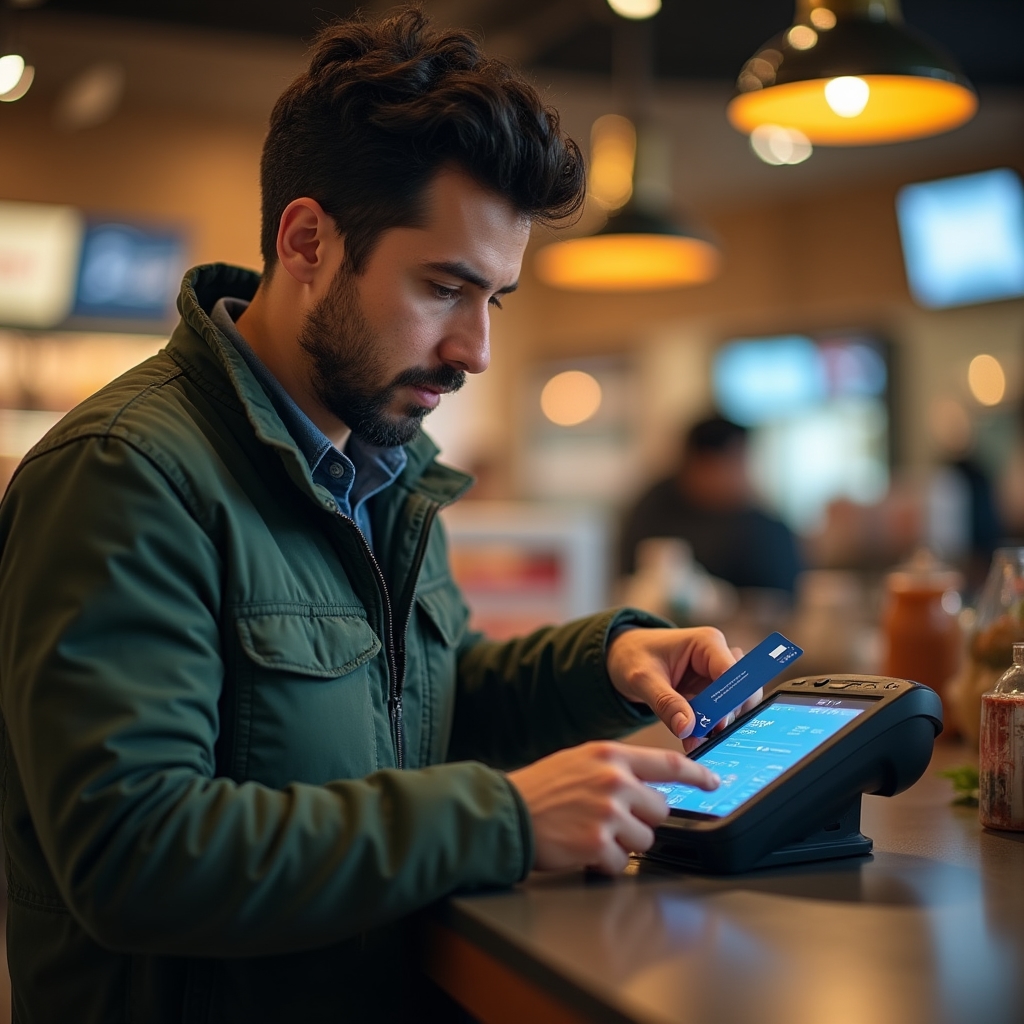 Person tapping a prepaid card at a payment terminal in a store