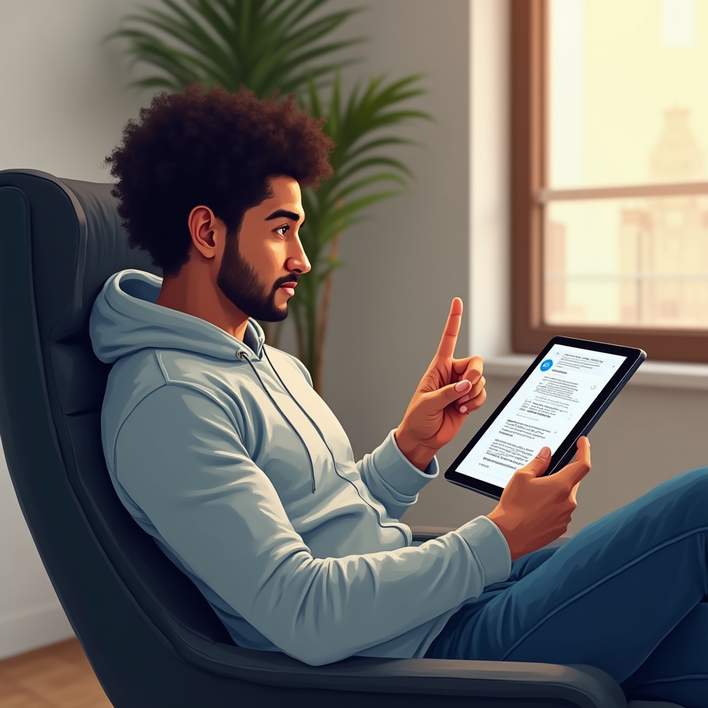 Person researching fintech options on a tablet, comparing information