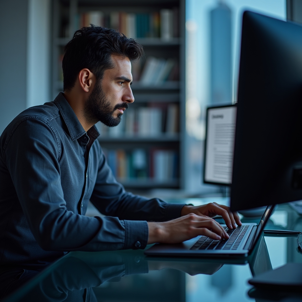 User writing a detailed fintech app review on laptop